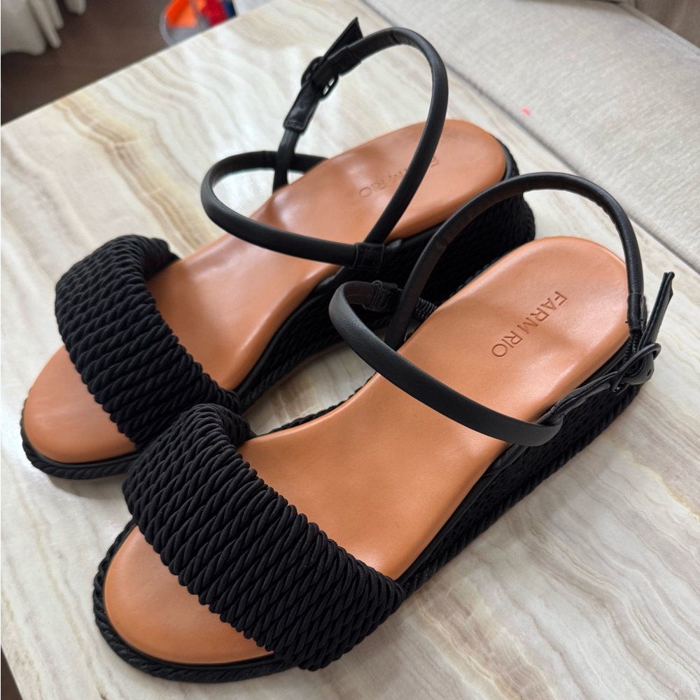 NWOT FARM RIO Black Wedge Espadrille Sandals 
Size: 9
1.75” heel
